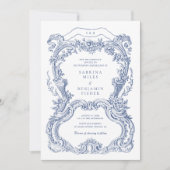 Elegante Vintage Bloemen Blauw Toile Lijst bruilof Kaart (Voorkant)