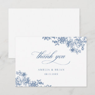 Elegante Vintage Bloemen Royal Blue Script Trouw Bedankkaart