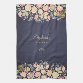 Elegante vintage bloemendesign in navy roze perzik theedoek