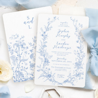 Elegante Vintage Bloemenkrans Blauw & Witte Huweli Kaart