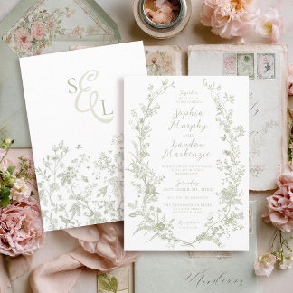Elegante Vintage Bloemenkrans Sage Groene Trouw Kaart