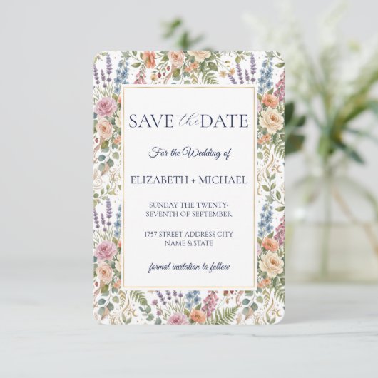 Elegante Vintage Bloemige Botanische Save The Date (Staand voorkant)