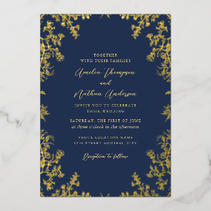 Elegante Vintage Bloemige Marine Trouw Folie Uitnodiging