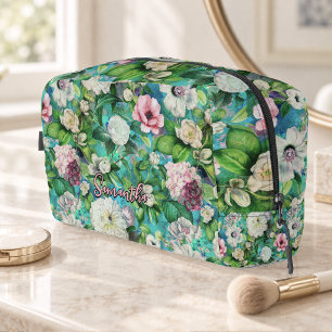 Elegante vintage bloemige roze bloemen blauwe mono toilettasje