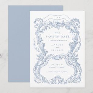 Elegante Vintage Bloemrijke Blauwe Toile Save the Kaart