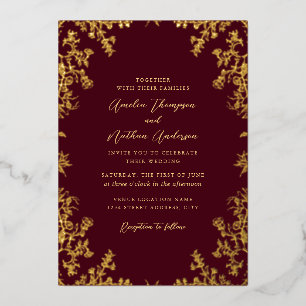 Elegante Vintage Bloemrijke Bourgondische Huwelijk Folie Uitnodiging