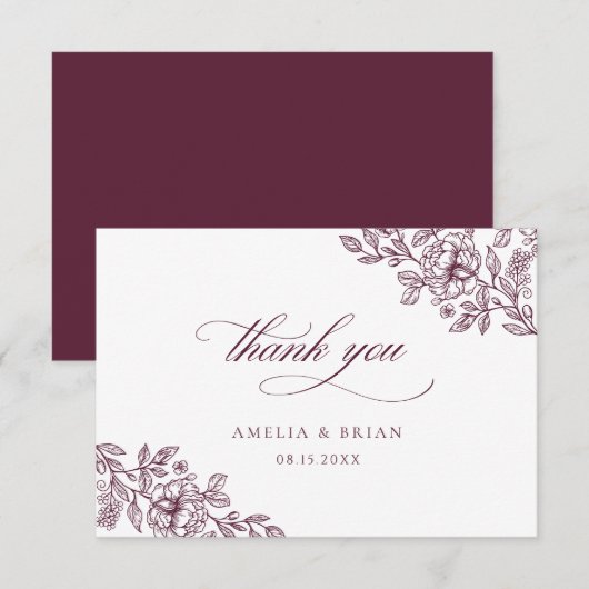Elegante Vintage Bloemrijke Burgundy Trouw Bedankkaart (Voorkant / Achterkant)