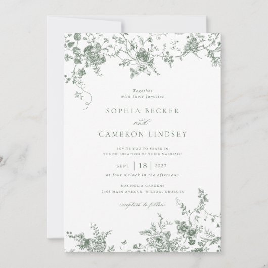 Elegante Vintage Bloemrijke Saliegroene Trouwdag Kaart (Voorkant)