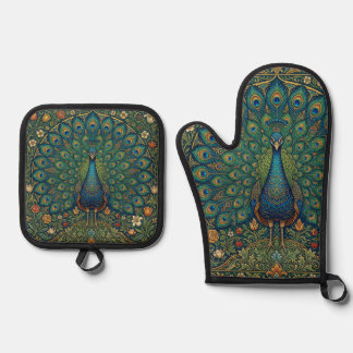 Elegante vintage bohemien pauwontwerp ovenwant & pannenlap set
