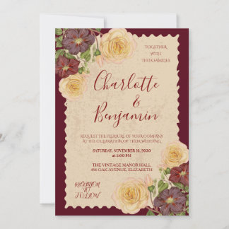 Elegante vintage bordeauxrode bloemenen bruiloftsi kaart