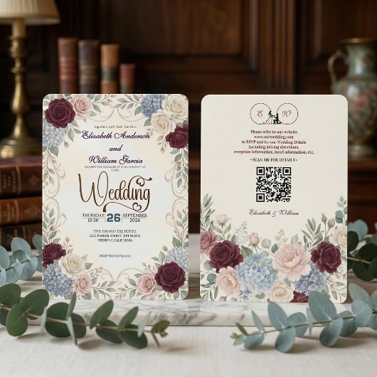 Elegante Vintage Bourgogne Bloem Moderne QR Code Kaart