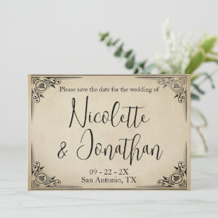 Elegante vintage bruiloft op vervaagd beige perkam save the date