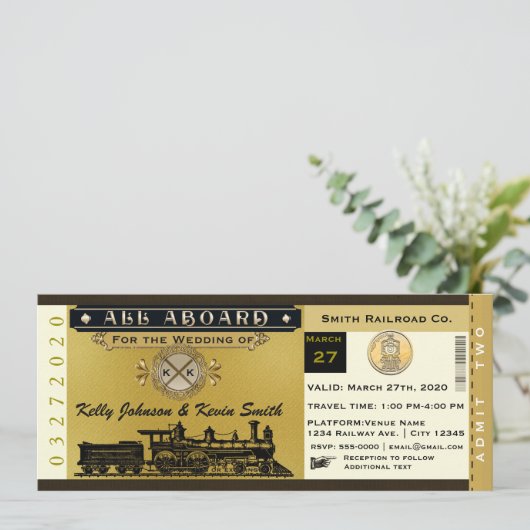 Elegante vintage bruiloft trein ticket uitnodiging (Staand voorkant)
