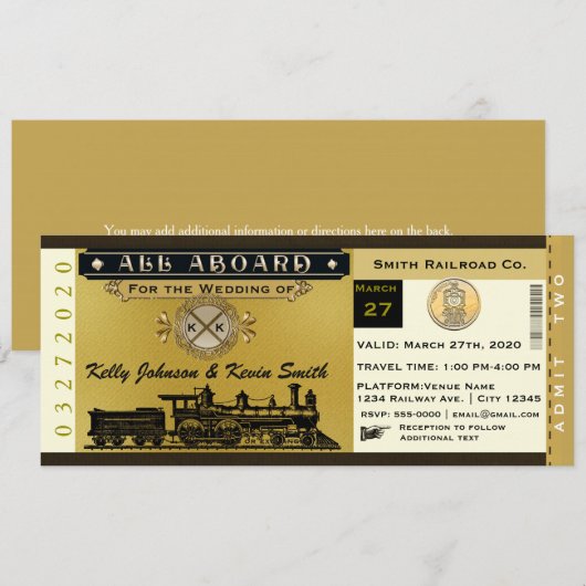 Elegante vintage bruiloft trein ticket uitnodiging (Voorkant / Achterkant)