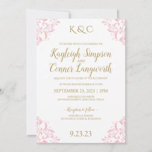 Elegante vintage bruiloft uitnodiging | Roze & Gou (Voorkant)