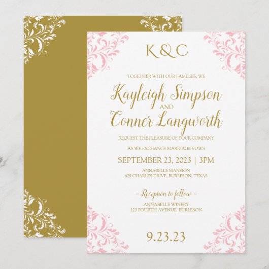 Elegante vintage bruiloft uitnodiging | Roze & Gou (Voorkant / Achterkant)