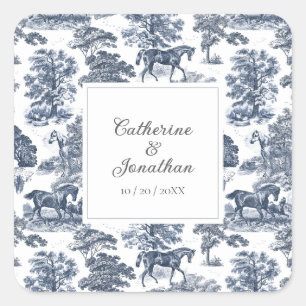 Elegante Vintage Chic Blauwe Paard Toile Bruiloft Vierkante Sticker