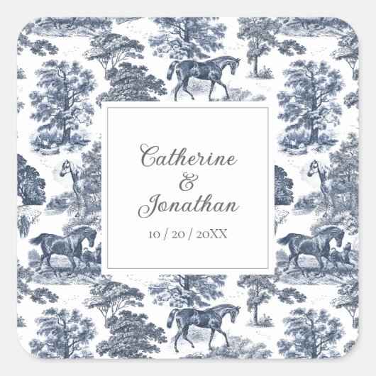 Elegante Vintage Chic Blauwe Paard Toile Bruiloft Vierkante Sticker (Voorkant)