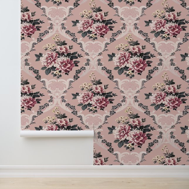 Elegante Vintage Chic Roze Rozen  Behang (Applicatie)
