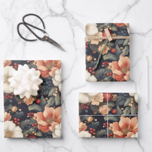 Elegante Vintage Christmas Poinsettia & Roos Bloem Inpakpapier Vel
