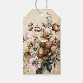 Elegante Vintage Crème & Bruine Boho Bloemenboeket Cadeaulabel