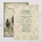 Elegante vintage crème damast pauw huwelijksfeest kaart (Voorkant / Achterkant)