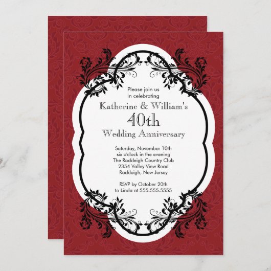 Elegante Vintage Damast Huwelijksjubileum Feest Kaart (Voorkant / Achterkant)