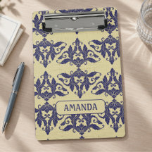 Elegante vintage damast marineblauw geel monogram