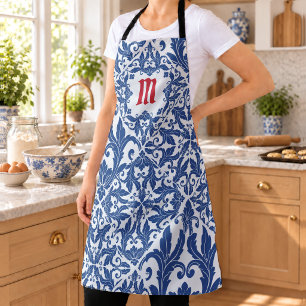 Elegante vintage damast marineblauw geel monogram schort