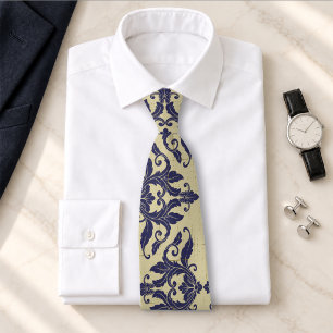 Elegante vintage damast marineblauw geel monogram stropdas