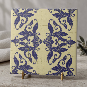 Elegante vintage damast marineblauw geel monogram tegeltje