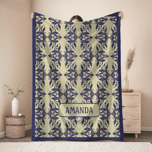 Elegante vintage damast navy blauw geel monogram fleece deken