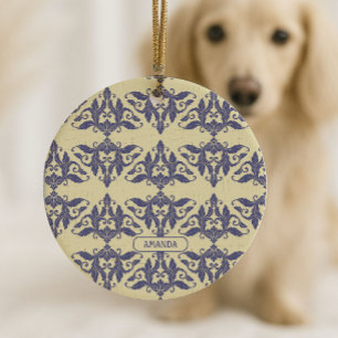 Elegante vintage damast navy blauw geel monogram keramisch ornament