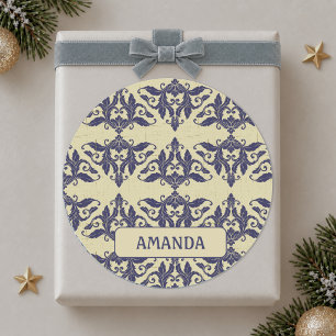 Elegante vintage damast navy blauwe gele monogram ronde sticker