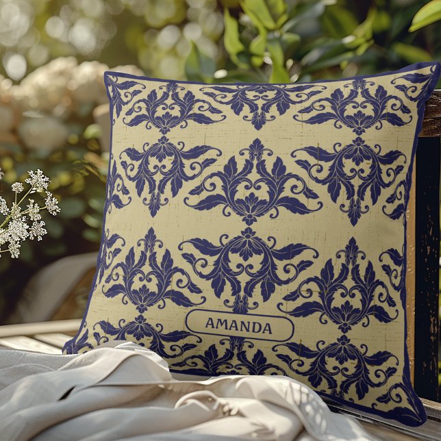 Elegante vintage damast navyblauw geel monogram kussen (Creator heeft geüpload)