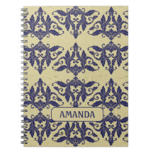 Elegante vintage damast navyblauw geel monogram