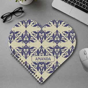 Elegante vintage damast navyblauw geel monogram notitieboek