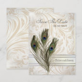 elegante vintage damast pauw Save the date Aankondigingskaart (Voorkant / Achterkant)