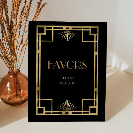 Elegante Vintage Deco Zwarte Gouden Trouwgunsten Reclamebord Met Voetstuk