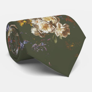 Elegante vintage donkere olijfgroene bloemmotief stropdas