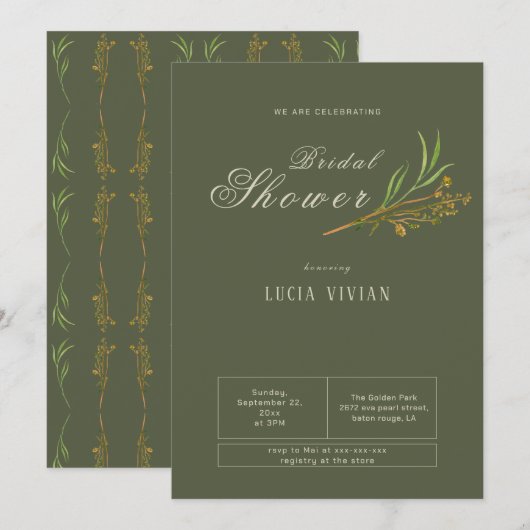 Elegante vintage donkergroene rustieke bruidsdouch kaart (Voorkant / Achterkant)