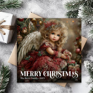 Elegante Vintage Engel Diep Rode Kerst Groet Feestdagenkaart