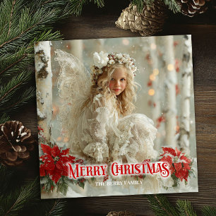 Elegante vintage engel rode poinsettia's klassieke feestdagenkaart