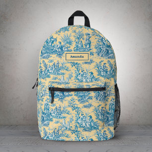 Elegante Vintage Geel Teal Toile de Jouy Monogram Bedrukte Rugzak
