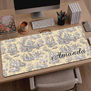 Elegante Vintage Gele Grijze Toile de Jouy Monogra Bureaumat