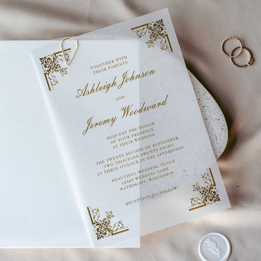 Elegante Vintage Gouden Script Sierlijke Hoeken Tr Vellum Uitnodigingen