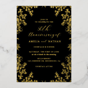 Elegante Vintage Gouden Zwarte 50ste Verjaardagsfe Folie Uitnodiging