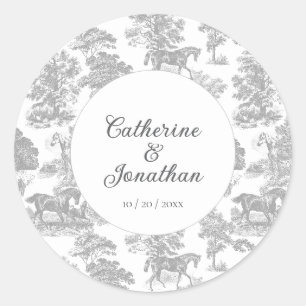 Elegante Vintage Grijze Witte Paard Toile Bruiloft Ronde Sticker