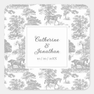 Elegante Vintage Grijze Witte Paard Toile Bruiloft Vierkante Sticker