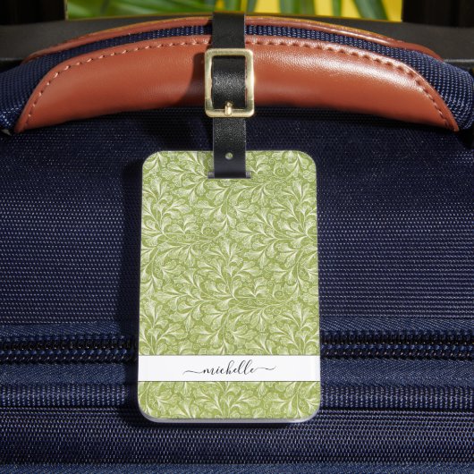 Elegante Vintage Groene Botanische Script Naam Bagagelabel (Voorkant Insitu 2)